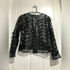 Colleen Lopez Faux Leather, Sheer Leaf Mesh,Zipper front Jacket